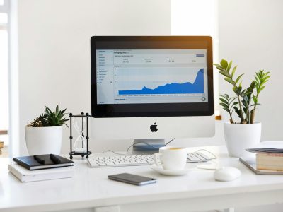 A clean, contemporary workspace featuring a desktop with analytics on the screen and plants for a fresh look.