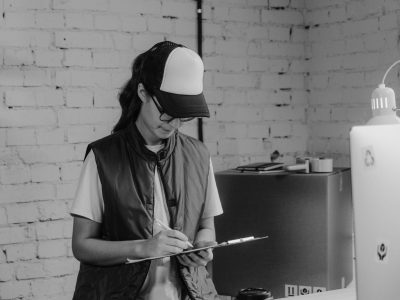 Black-and-white image of a female warehouse worker writing on a clipboard in an office setting.